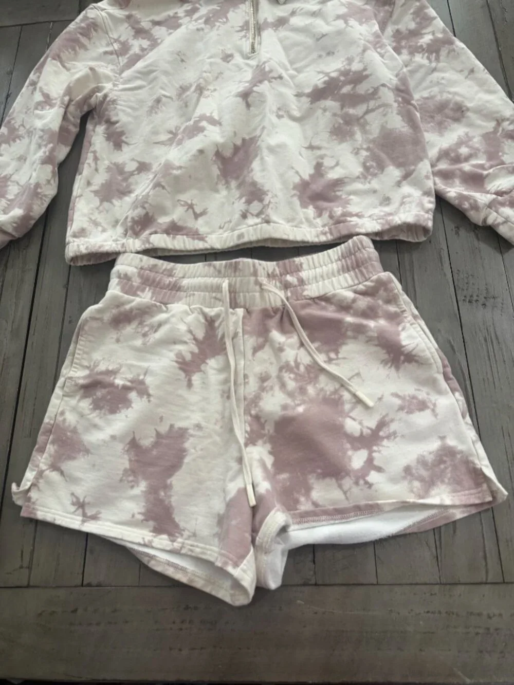 VARLEY Tie Dye Taupe Romero Sweatshirt + Glade Shorts Matching Set Medium - Picture 4 of 6